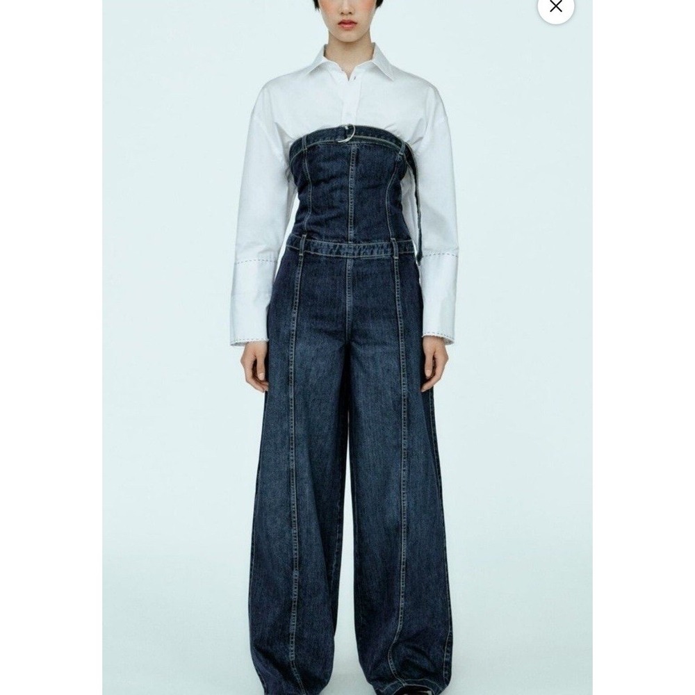 ZARA Women's L Denim Jumpsuit Wide Leg Flare Denim Strapless Buckle Detail
